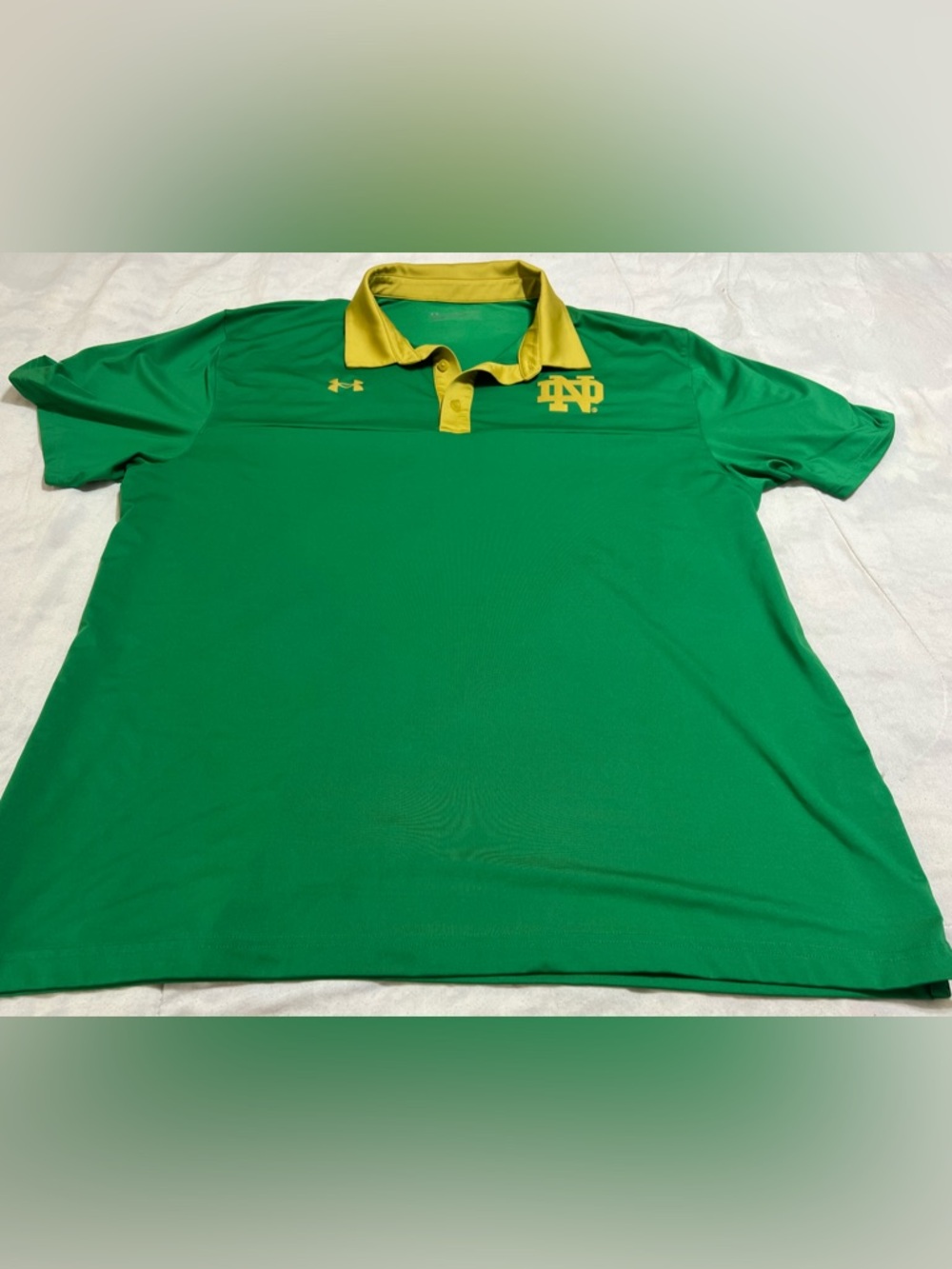 Under Armour Green Polo with Gold Collar and Notre Dame Logo